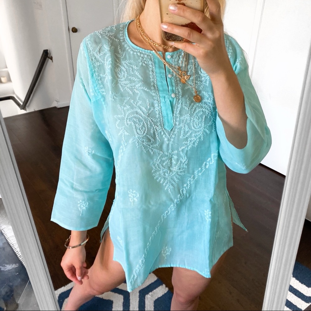 🐚 AQUA BLUE WHITE EMBROIDERED BEACH COVERUP! - Picture 1 of 13